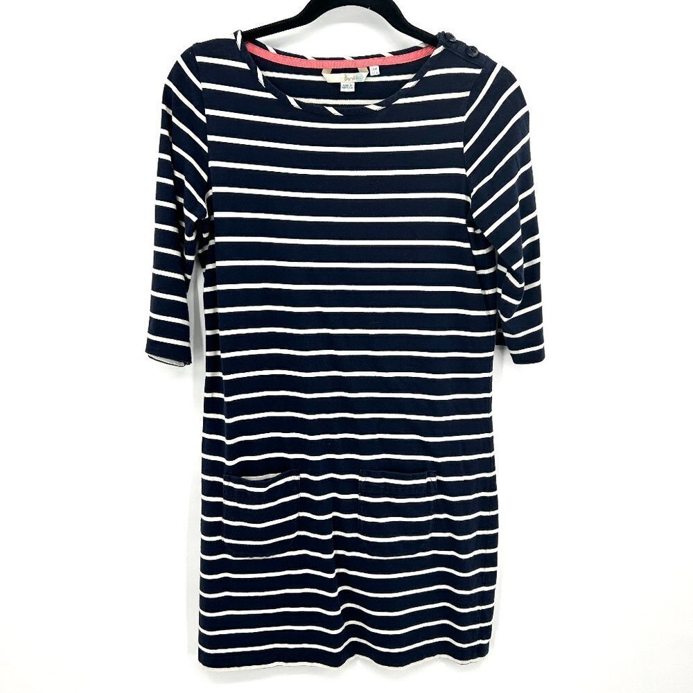 BODEN Navy Blue White Striped Cotton 3/4 Sleeve Comfy Tunic Shift Dress Size 6